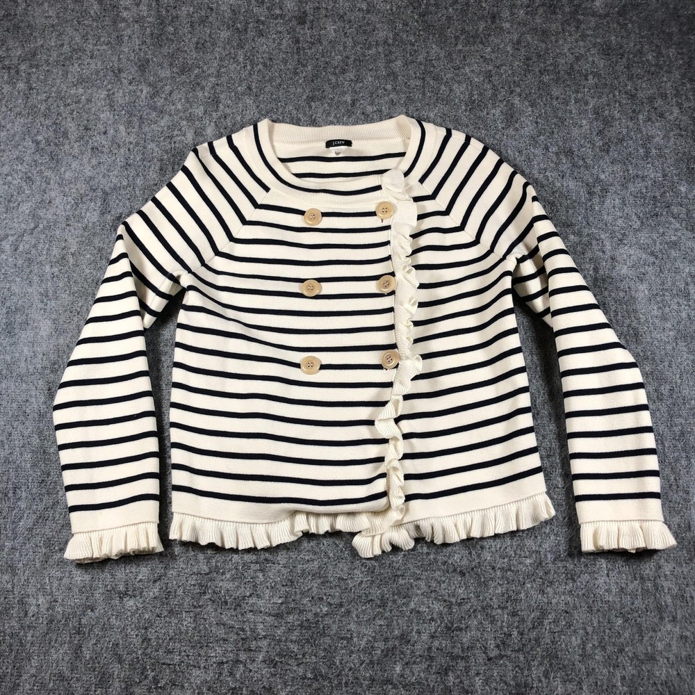 Y2K J.Crew Striped Cardigan‎ Sweater Womens M White Ruffle Button Knit